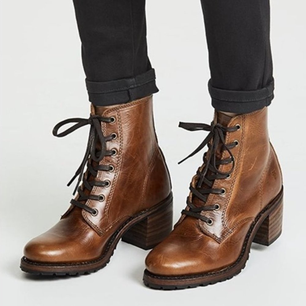 RARE Frye Sabrina 6G Cognac Laced Combat AnkleBoot - Picture 5 of 16